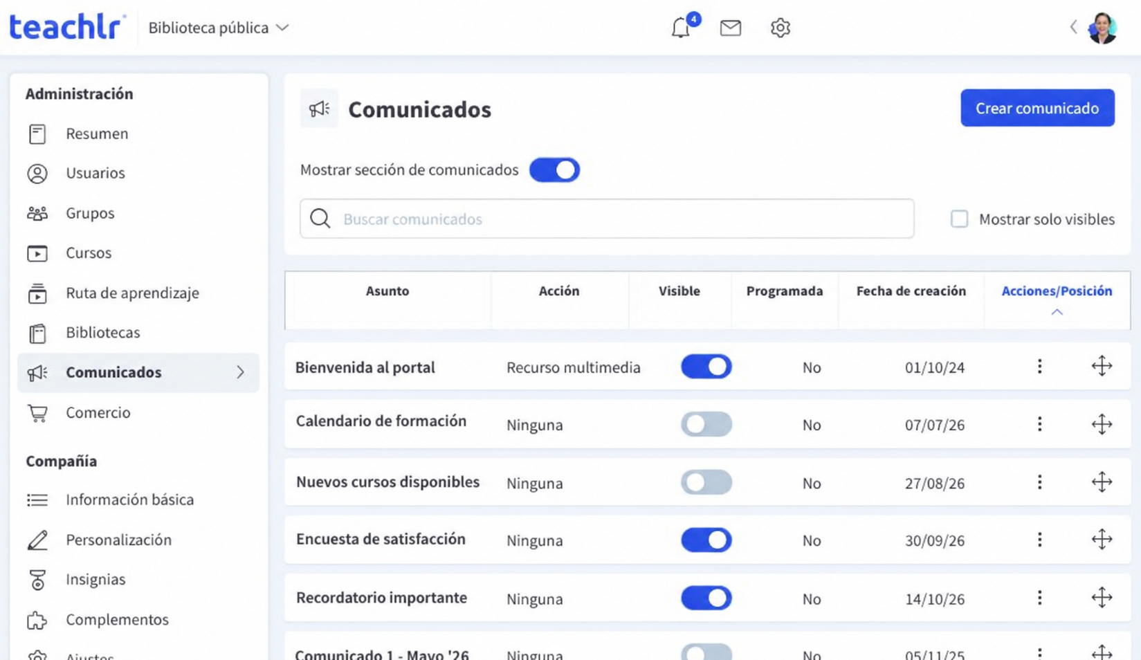 Lista de comunicados con búsqueda, interruptores y varios asuntos de ejemplo