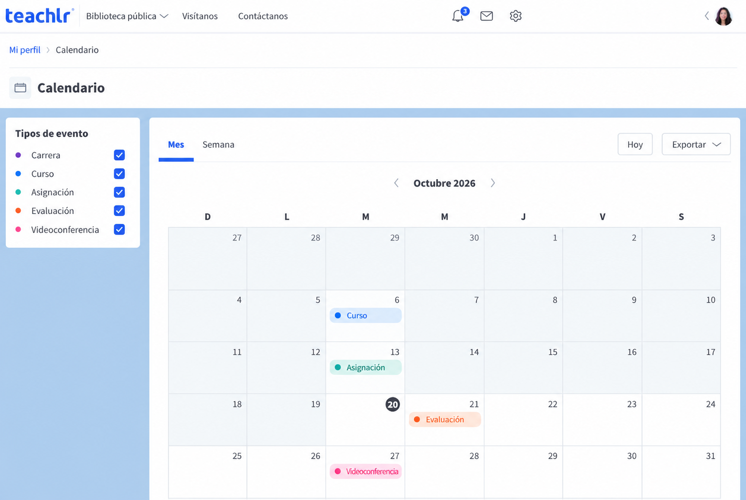 Página Calendario con los tipos de evento y varios eventos de ejemplo en la vista de mes