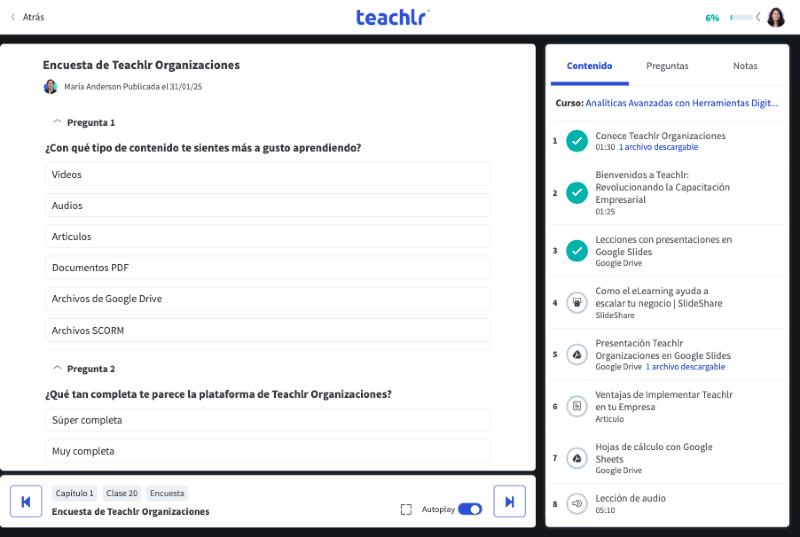 Encuesta dentro del reproductor, con sus preguntas y opciones