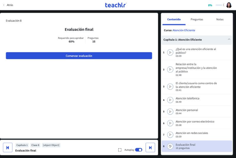 Pantalla de inicio de una evaluación con el porcentaje para aprobar, el número de preguntas y el botón Comenzar evaluación