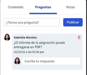 Pregunta publicada en la pestaña Preguntas del reproductor