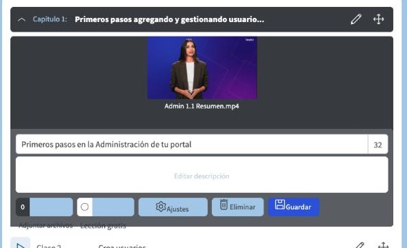 Edición de una lección de video con título, descripción y opciones