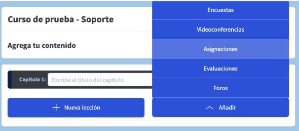 Capítulo nuevo con los botones Nueva lección y Añadir, y el menú de actividades desplegado