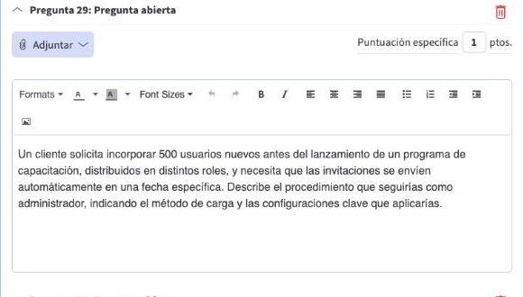 Pregunta abierta con su enunciado y la puntuación específica