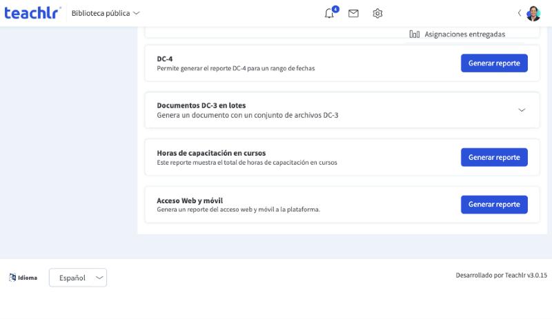 Tarjetas de reportes descargables: DC-4, Documentos DC-3 en lotes, Horas de capacitación en cursos y Acceso Web y móvil