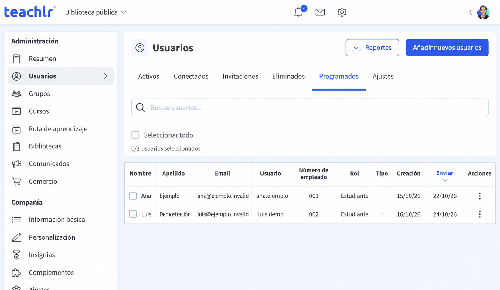 Pestaña Programados de Usuarios con dos invitaciones de ejemplo